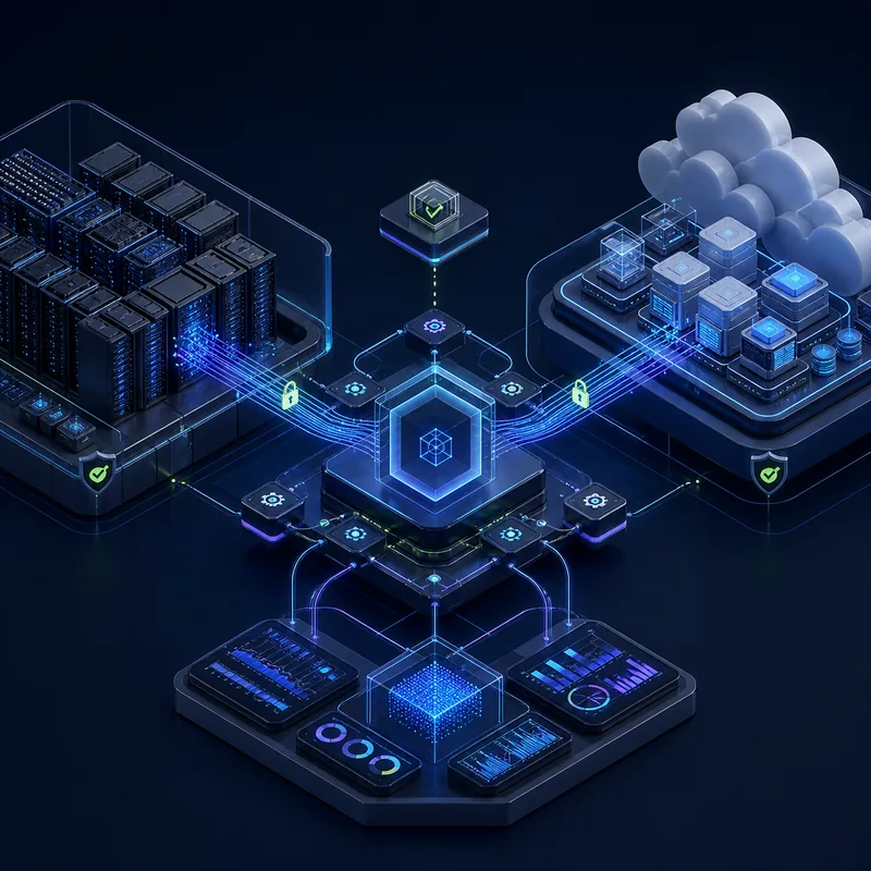 Hybridní enterprise infrastruktura pro AI agenty propojující privátní datacentrum a cloud přes řízené gatewaye, approval body a observabilitu