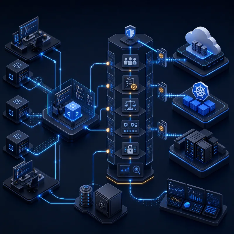 Řízený workflow AI coding agentů propojující vývojářské stanice a repozitáře s identitou, approvals, policy, CI/CD, Google Cloud, Kubernetes a privátní infrastrukturou